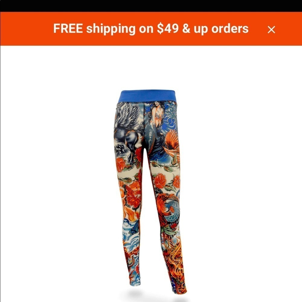 Colorful Floral & Koi Skinny Leggings - Blue Waistband